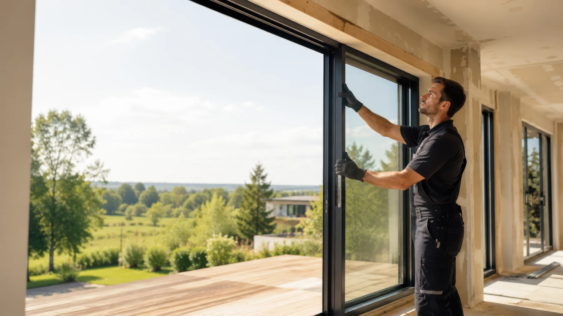 Großes Fenster am Wohnhaus mit Blick in die Landschaft