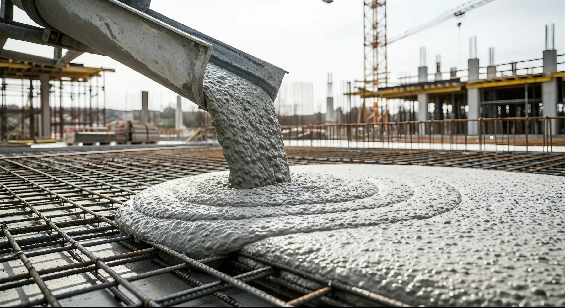 Frischer Beton auf einer bewehrten Fläche während der Ausführung