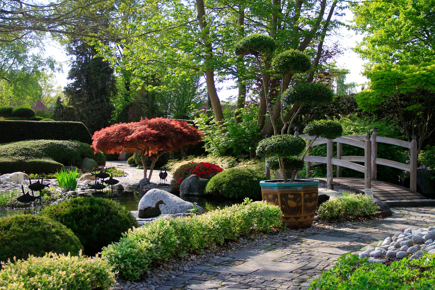 Garten mit Steinweg, Sitzbank und bepflanzten Bereichen