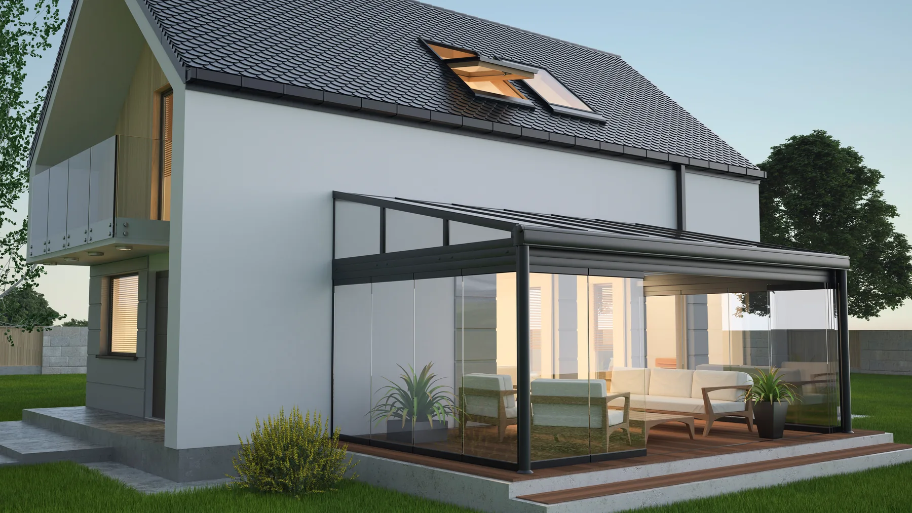 Kaltwintergarten am Wohnhaus Verglaster Kaltwintergarten mit Schiebeelementen an einem Wohnhaus