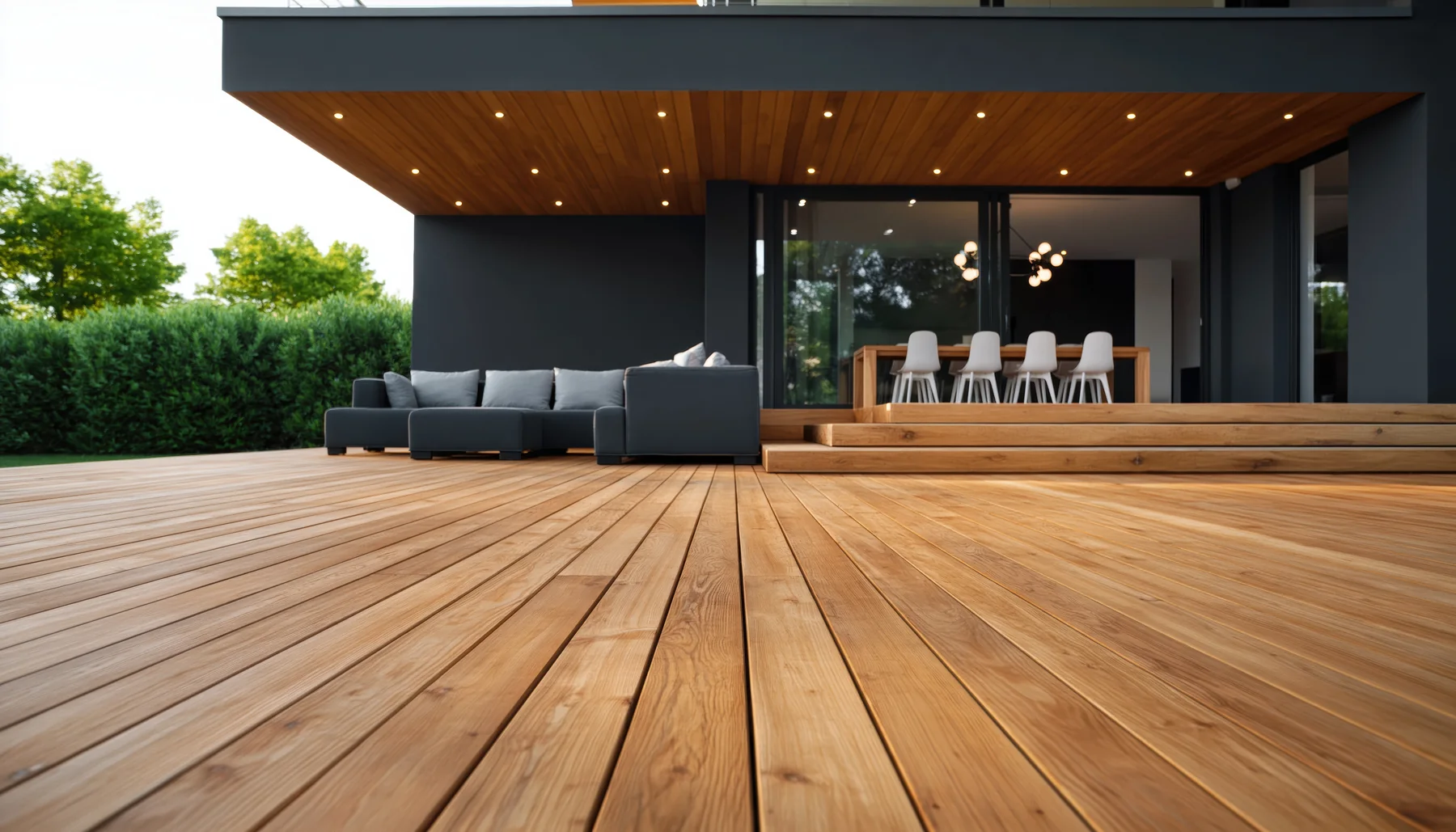 Terrassenbau – Holzdeck am Haus Fertige Holzterrasse am modernen Wohnhaus mit überdachtem Sitzbereich