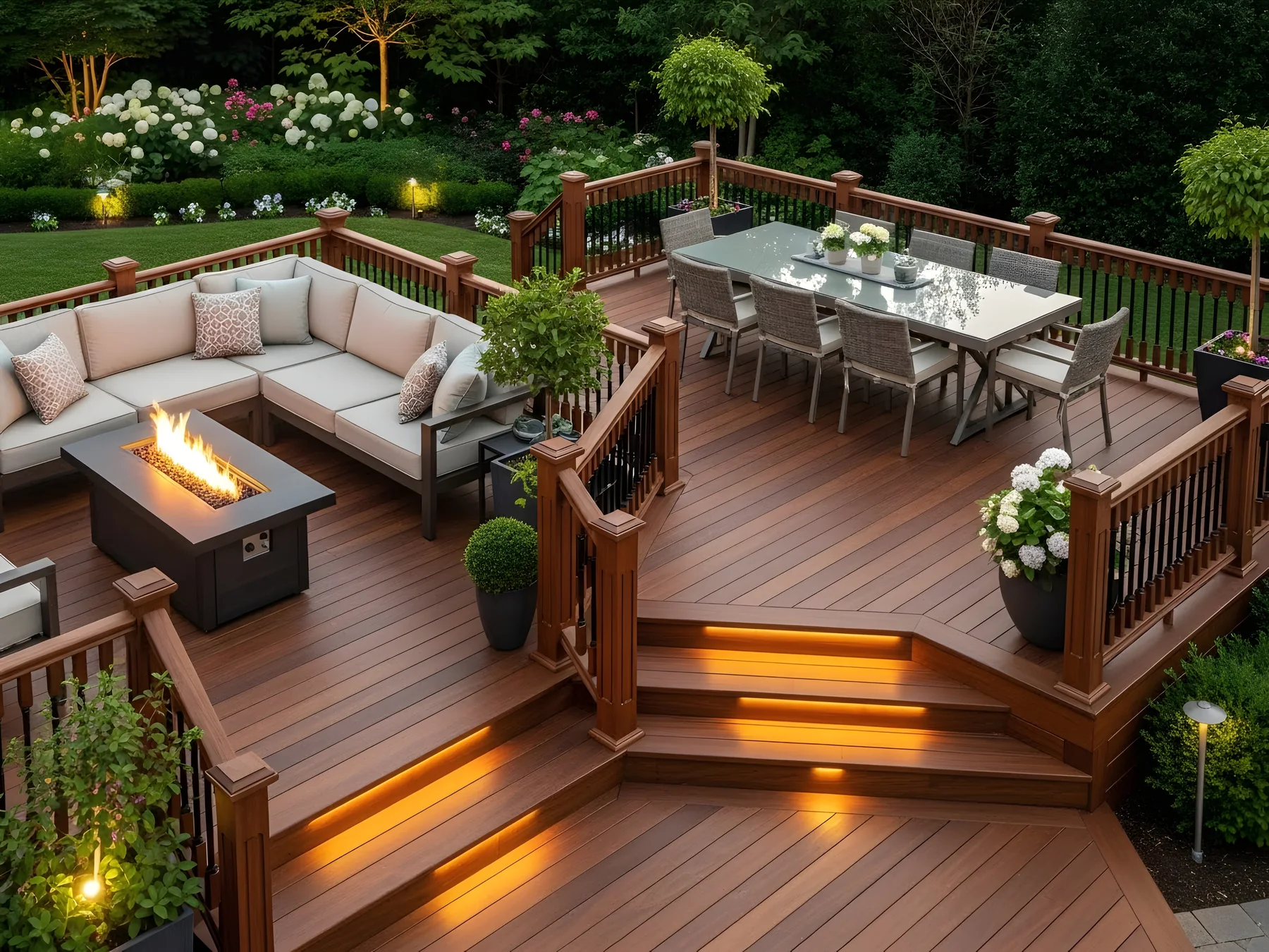 Terrassenbau – Holzterrasse mit Sitzplatz Mehrstufige Holzterrasse mit Sitz- und Essbereich im Garten