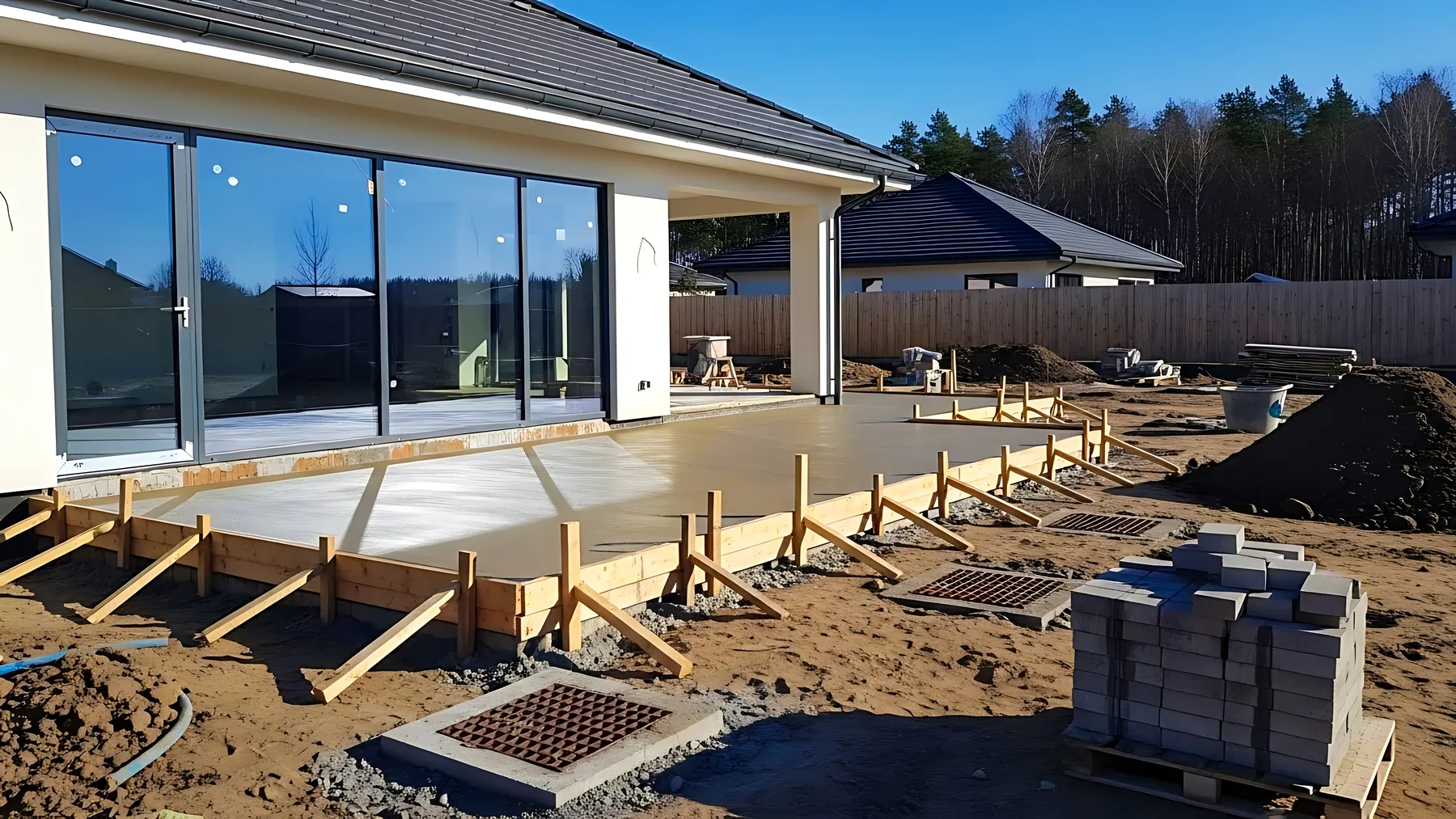 Terrassenbau – Terrasse während der Bauphase Terrassenfläche am Wohnhaus während der Bauphase mit vorbereiteten Rändern